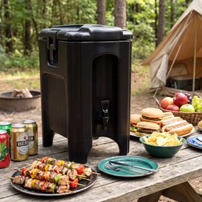 Dispensador bebidas térmico de 16,5 L com torneira antigotejamento e pega de transporte 46 x 30 x 51 cm para campismo, festas e catering Preto
