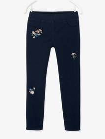 Treggings com flores bordadas, para menina azul escuro liso com motivo
