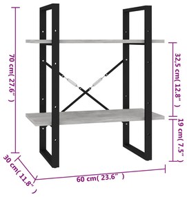 Estante 2 prateleiras 60x30x70cm contraplacado cinzento cimento