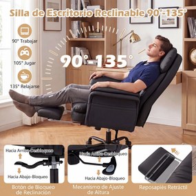 Cadeira de Escritório com Apoio para os Pés, 63-114 x 78 x 118-125 cm, Encosto Reclinável, Preto