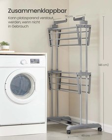 Estendal roupa com 4 níveis 63,5 x 128 x 173 cm cinzento