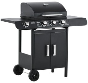Outsunny Barbecue a Gás com 3+1 Queimadores 11,6KW 2 Mesas Laterais Armário de 2 Portas Termômetro e 2 Rodas Aço Inoxidável 110x50x100cm Preto