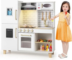 Cozinha de brincar para crianças em madeira 92 x 30 x 98 cm com luzes e sons Máquina de gelo Exaustor Quadro para crianças 3+ anos Branco
