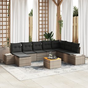 Conjunto de Sofás de Jardim de 9 peças com Almofadas Cinza Rattan Poli