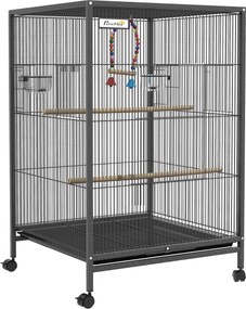PawHut Gaiola para Pássaros com Rodas Gaiola para Aves com Comedouro Poleiro Baloiço e Bandeja Amovível 48x46x74 cm Cinzento | Aosom Portugal