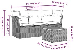 4 pcs conjunto sofás p/ jardim c/ almofadões vime PE cinzento