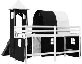 Cama alta criança c/ torre 80x200 cm pinho maciço branco/preto