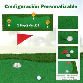 Tapete de treino de golfe profissional com relva artificial realista, 3 buracos, 3 bandeiras e taças de prática de putting 3 x 1 m Verde