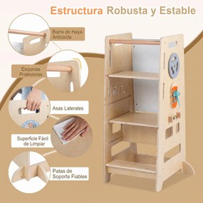 Torre de Aprendizagem Montessori, 52 x 50 x 89 cm, Multifuncional 4 em 1, Natural