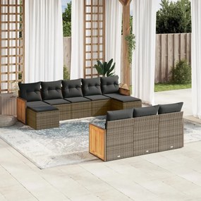 10 pcs conjunto sofás de jardim c/ almofadões vime PE cinzento