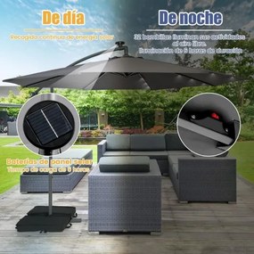 Guarda-sol de 3 m com pega 32 luzes LED solares com base de saco de areia jardim piscina cinzento