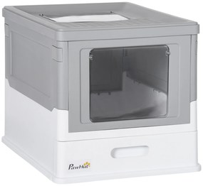 PawHut Caixa de Areia para Gatos Dobrável Caixa de Areia para Gatos Fechada com Bandeja Removível e Pá 47,5x35,5x36,7cm Cinza