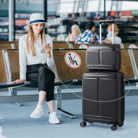 Conjunto 2 Malas de Viagem: mala de mão de 20“ e estojo cosmético de 14” com porta USB. Estrutura em PP com fechadura Preta