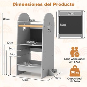 Torre de cozinha multifunções para crianças com altura regulável e corrimão duplo de segurança em ardósia Banco de apoio cinzento
