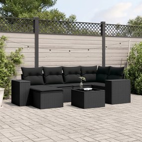 7 pcs conjunto de sofás p/ jardim c/ almofadões vime PE preto