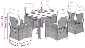 7 pcs conjunto de jantar p/ jardim c/ almofadões vime PE cinza