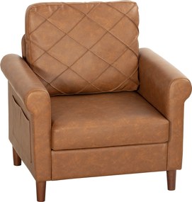 Poltrona Relax Estofada em PU com Almofada Espessa, Encosto com Costuras e Pernas de Madeira Maciça, Castanho