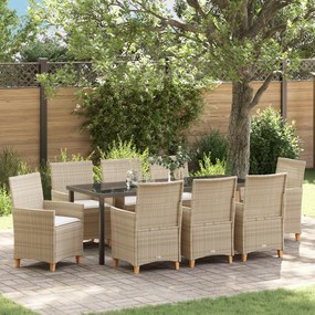 vidaXL Conjunto de Jantar de Jardim com 9 Peças e Almofadas Bege Vime PE