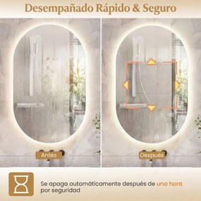 Espelho 90x55 cm ovalado iluminado de parede para casa de banho  retroiluminado LED 3 modos cor ajustável antiembaciamento vidro temperado HD sem mold