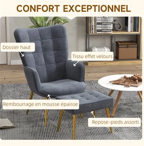 Poltrona com apoio para os pés, poltrona de sala estofada com encosto alto, pés em aço dourado e tecido de veludo, cinzento escuro