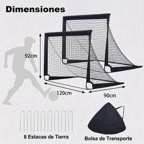 Conjunto de 2 Balizas de Futebol Dobráveis, 120 x 90 x 92 cm, com Estacas de Fixação, Preto