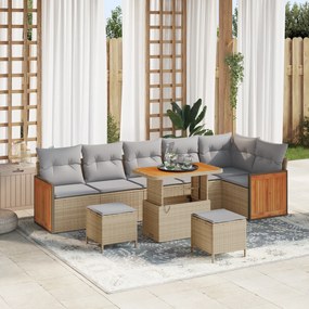 Conjunto de Sofá de Jardim vidaXL 9 Peças com Almofadas Bege Rattan Acácia