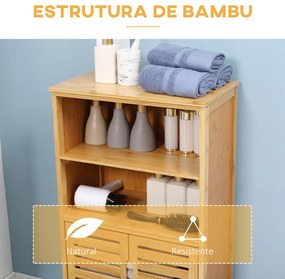 Armário Casa de Banho de Bambu Móvel Auxiliar Casa de Banho com 2 Portas 2 Prateleiras Abertas 50x29x92 cm Madeira