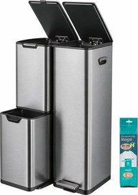Caixote do lixo de cozinha com pedal e 3 compartimentos, 60 L, 46,7 x 39 x 71,9 cm, prateado