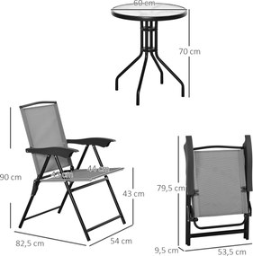 Conjunto de jardim de 3 peças: 2 cadeiras reclináveis com várias posições, dobráveis, mesa redonda em vidro temperado e metal, com revestimento em tex