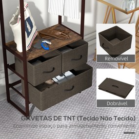 Suporte para Cabides com 3 Gavetas de Tecido Barra para Pendurar e Prateleira para Entrada Quarto 58,5x30x178 cm Castanho Rústico