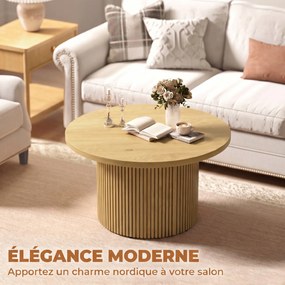 Mesa de centro redonda em madeira Ø 80 x 45 cm, mesa de sala com base canelada, estilo moderno, efeito de madeira natural