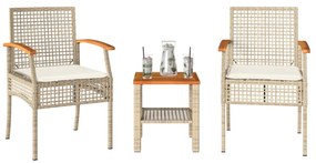 vidaXL Conjunto de bistrô com almofadões 3 pcs vime PE e acácia bege