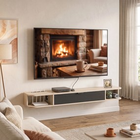 Móvel de TV suspenso 140 x 24 x 16 cm, móvel para televisores até 60 polegadas, gaveta rebatível, 2 prateleiras, madeira cor natural e preto