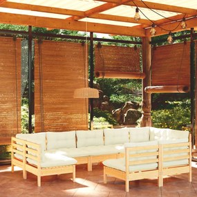 vidaXL 9 pcs conjunto lounge jardim c/ almofadões creme pinho maciço
