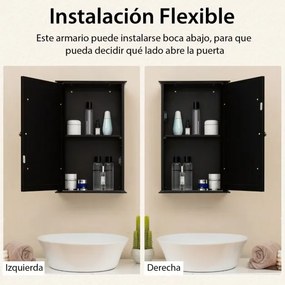 Armário de casa banho com espelho 34 x 15 x 51 cm de parede com uma porta e prateleira ajustável para casa, banheiro, cozinha Preto