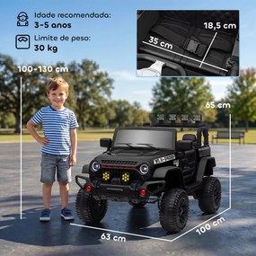 Carro Elétrico para Crianças com Bateria de 12V Controlo Remoto Faróis LED Buzina e Música 100x63x65 cm Preto