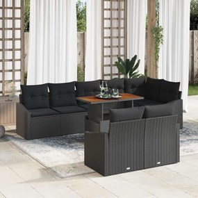 vidaXL Conjunto de Jantar de Jardim com 9 Peças e Almofadas em Rattan Preto e Acácia