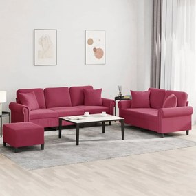 3 pcs conjunto de sofás com almofadas veludo vermelho-tinto