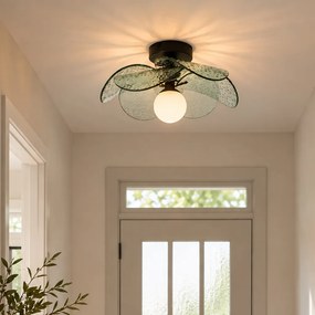 Candeeiro de Teto de Design Preto com Vidro Canelado Verde - Kemner