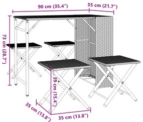 5 pcs conjunto de jantar para jardim dobrável vime PE preto