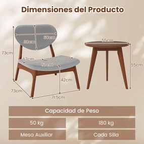 Conjunto de 2 cadeiras baixas decorativas com mesa auxiliar estofadas em veludo de carneiro com estrutura em madeira maciça cinza