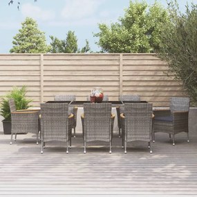 vidaXL 9 pcs conjunto de jantar p/ jardim c/ almofadões vime PE cinza