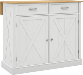 HOMCOM Ilha de Cozinha com Bancada de Madeira Dobrável 2 Portas 2 Gavetas Prateleira Ajustável 10x60x90,5 cm Branco e Madeira | Aosom Portugal