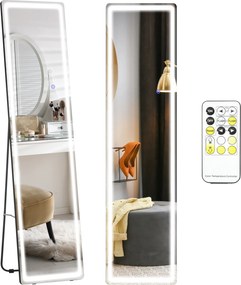 HOMCOM Espelho de Pé com Luzes LED Controlo Remoto 3 Cores de Luzes Ajustável Brilho Ajustável 40x51x156,5cm Prata e Preto | Aosom Portugal