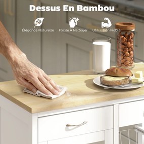 Carrinho de Cozinha, 67 x 35 x 80 cm, Tampo de Bambu, Branco