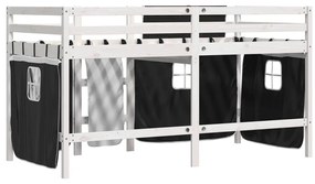 Cama alta criança c/ cortina 80x200cm pinho maciço branco/preto