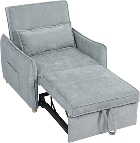 Poltrona convertível de 1 lugar 3 em 1, poltrona-cama clic-clac em tecido chenille, assento largo e encosto ajustável, 88x84x87 cm, cinzento