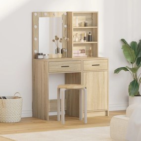 Conjunto de Mesa de Maquiagem 2 Peças com LED em Carvalho Sonoma e Mad