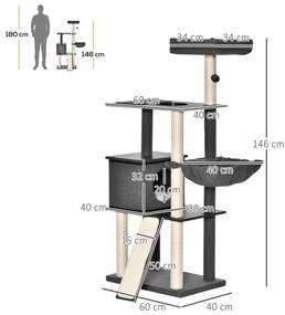 PawHut Árvore para Gatos Grande Altura 146cm com Plataformas Caverna d