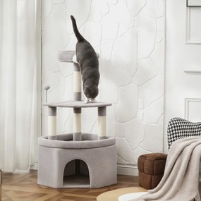 Arranhador para gatos com torre de brincadeiras, arranhadores de sisal, plataforma, compartimentos abertos, tecido felpudo, bolas, 49x49x114 cm, cinze
